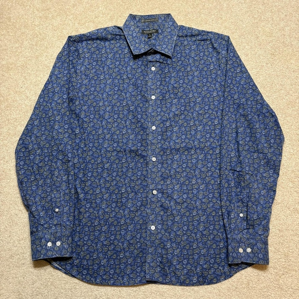 Banana Republic Shirt Mens XL Blue Floral‎ Non Iron Button Up Long Sleeve Casual
